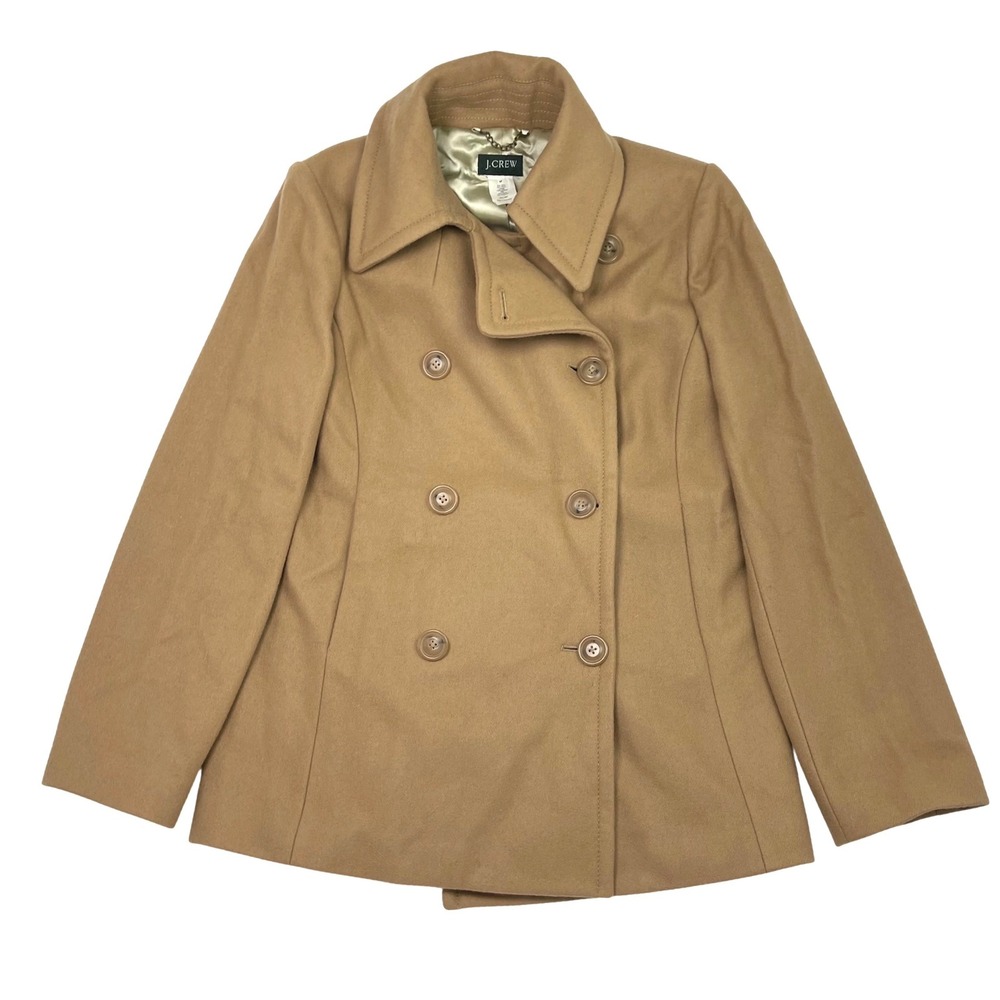 VTG J.Crew Double Breasted Pea Coat Camel Tan Wool Thinsulate Insulated Womens M